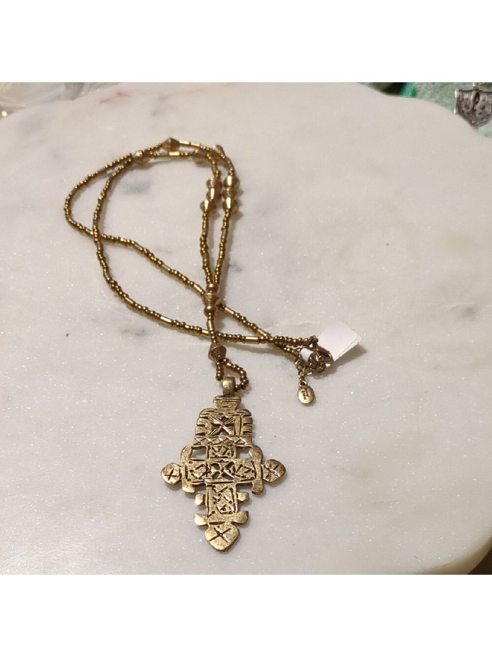 Vintage Jade & Jasper Brass 3" Cross Pendant Necklace